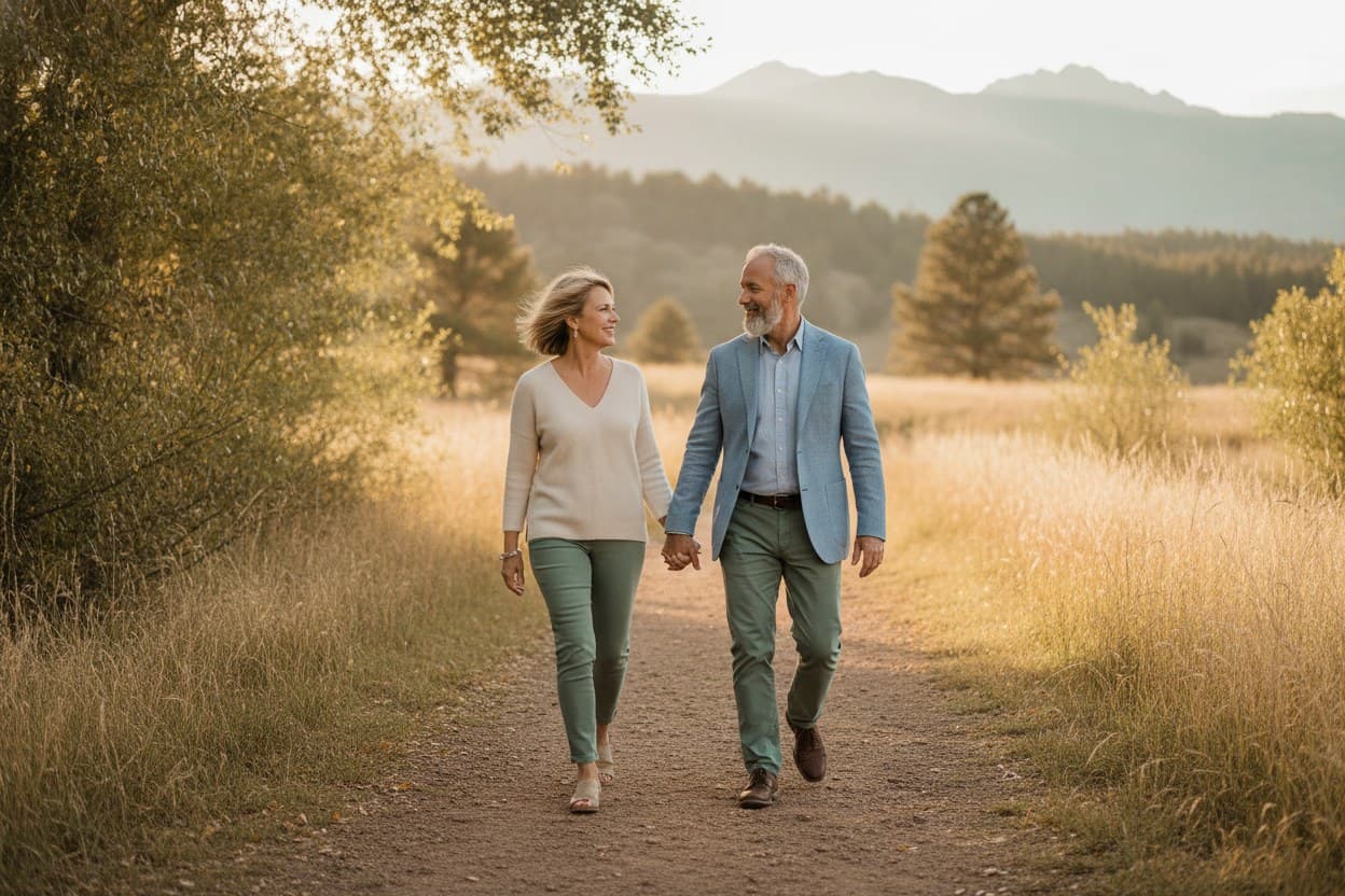 Older couple walking together on a mountain trail