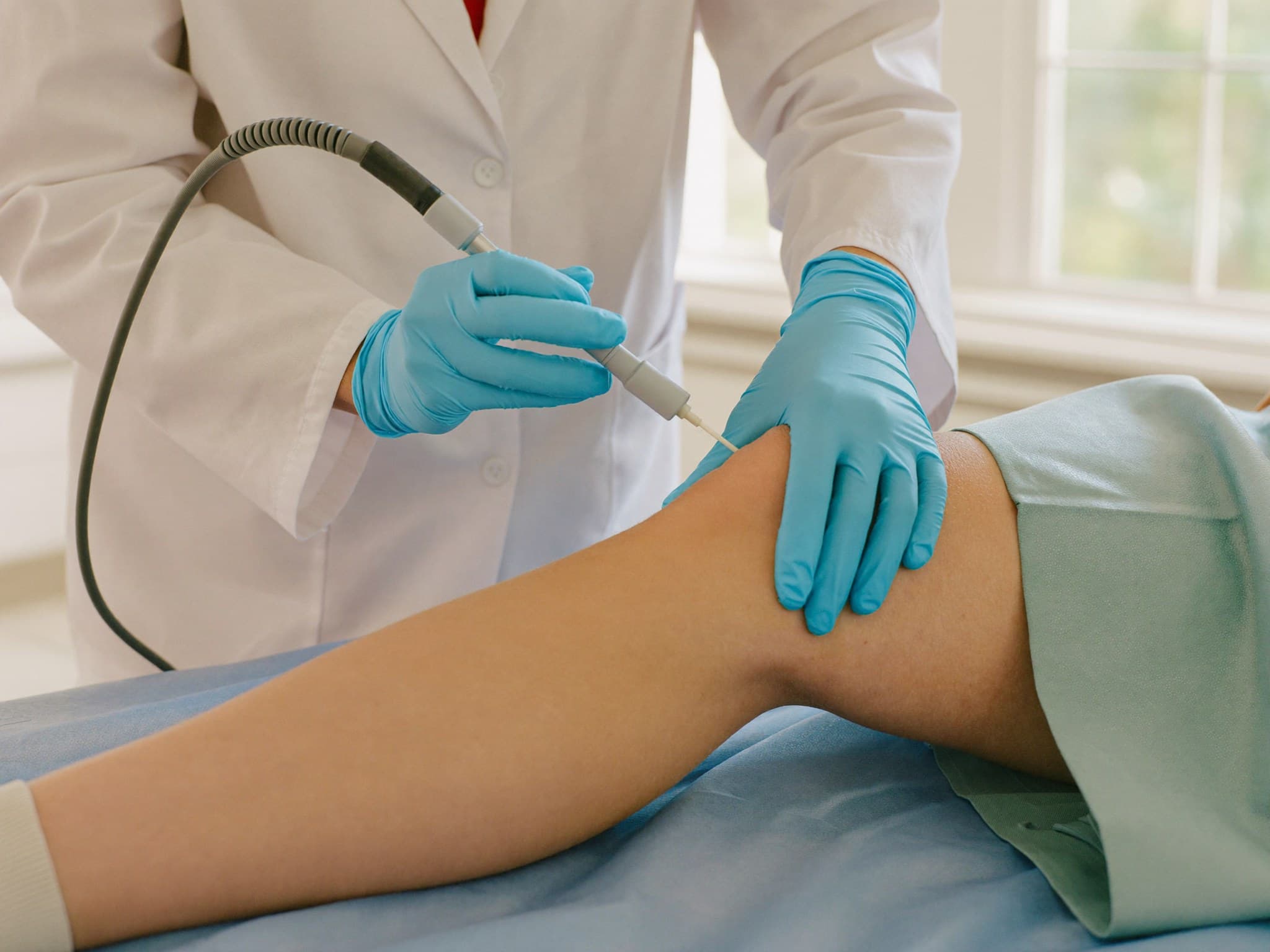 Physician examining a patient's knee during an in-person evaluation